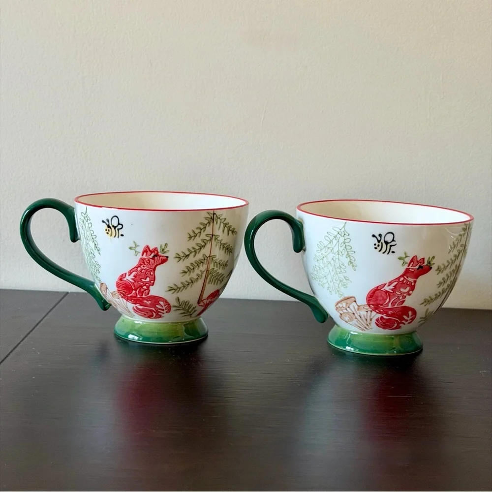 World Market Holly Jolly Vibes Christmas Mugs Woodland Santa Set of 2 NWOT